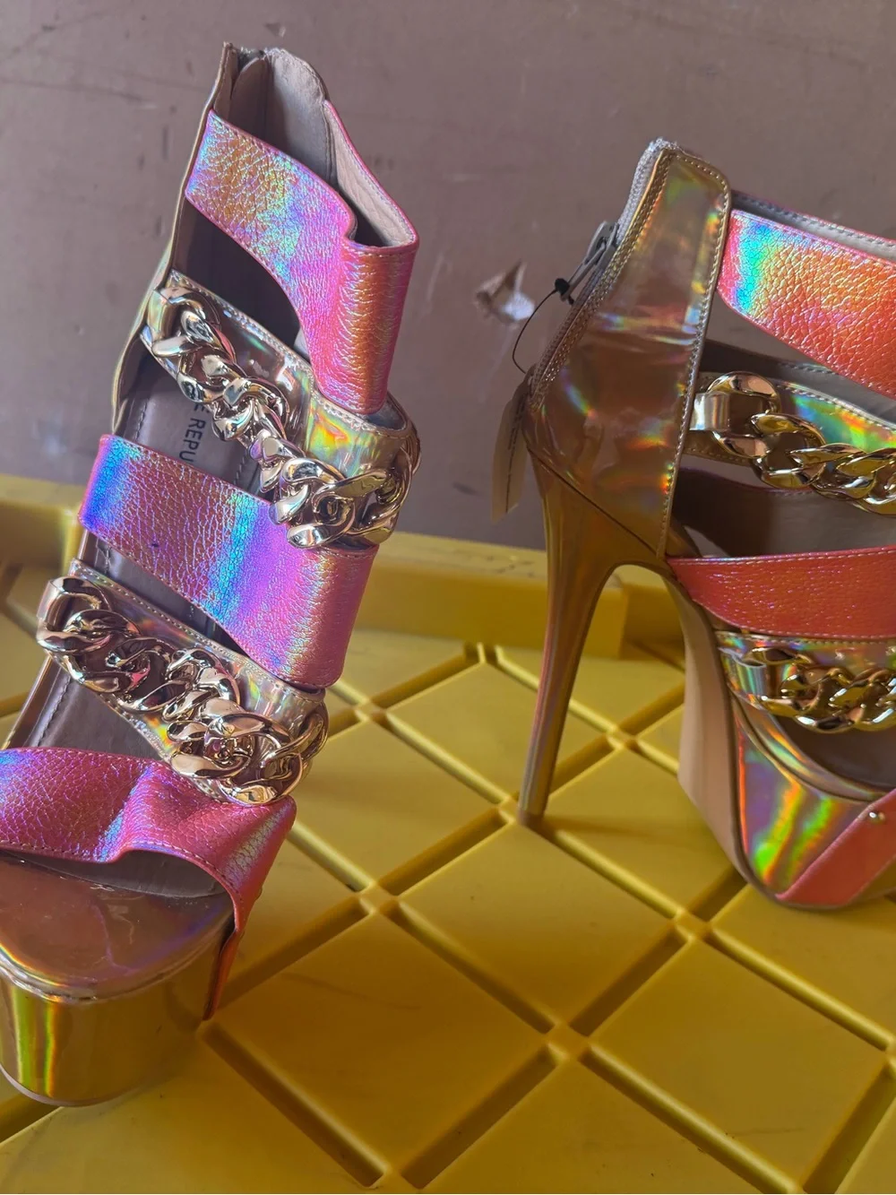Shoe Republic LA Iridescent Pink Platform Heels with Gold Chain